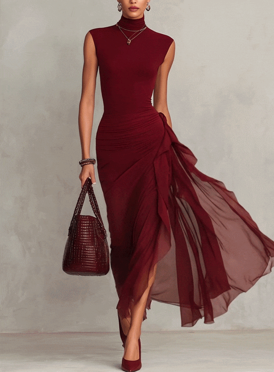 Bordeaux Chiffon Sleeveless Bodycon Dress