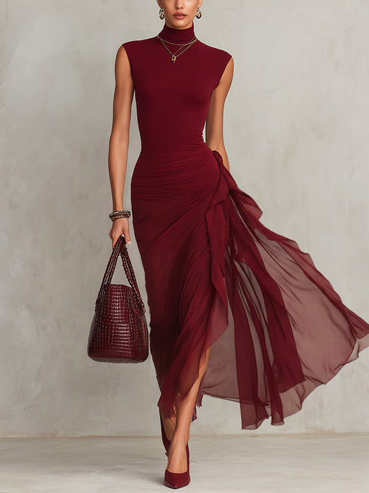 Bordeaux Chiffon Sleeveless Bodycon Dress